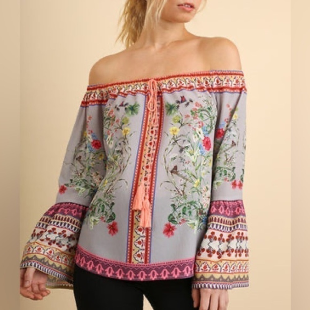 Umgee Bohemian Floral Print Off Shoulder Bell Sleeve Top | Size Large